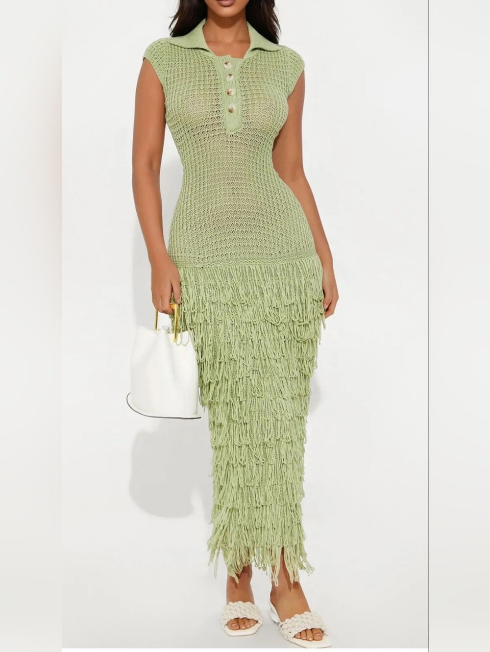 Knit Fringe Maxi Dress in Sage Green
